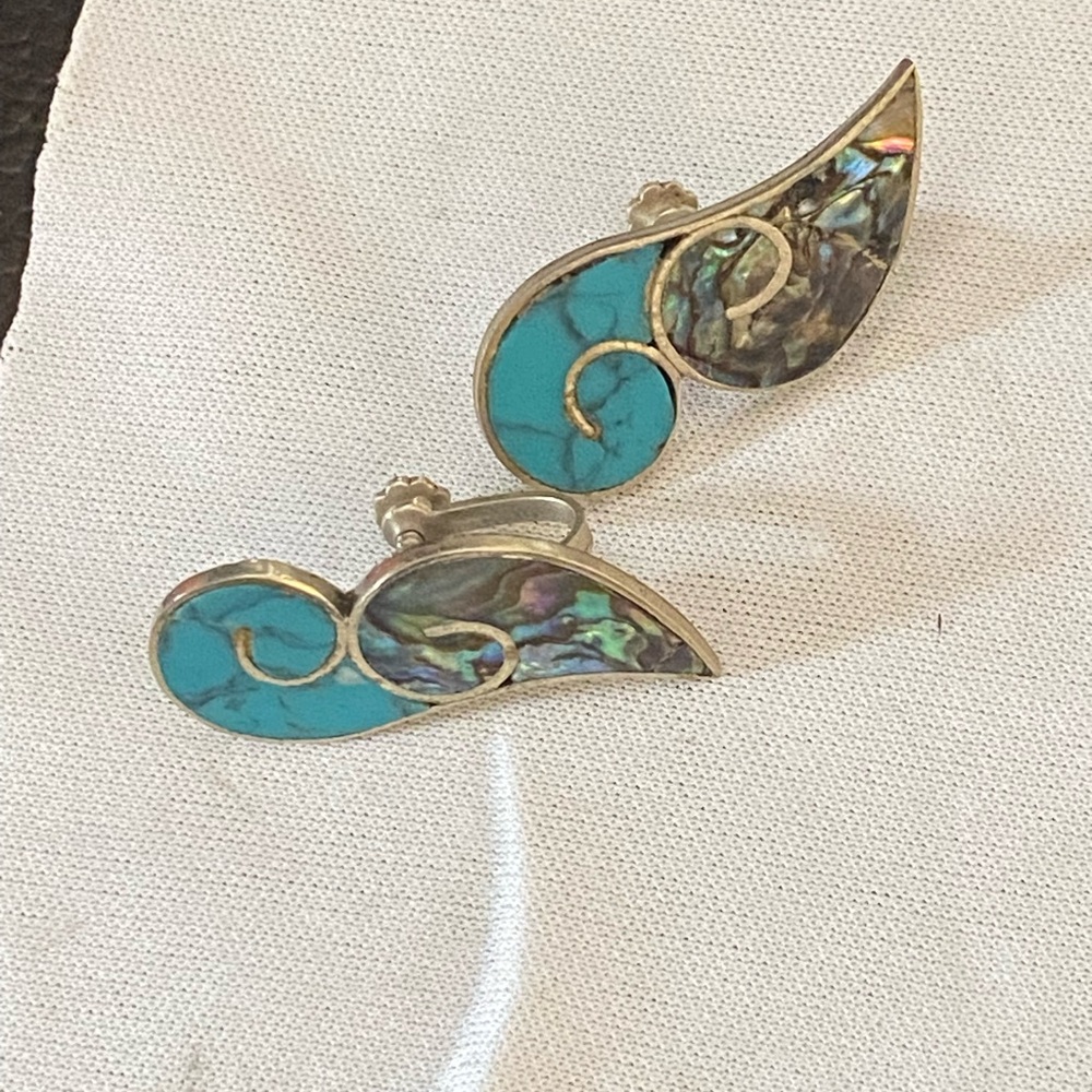 Sterling Antique Turquoise and Abalone Earrings